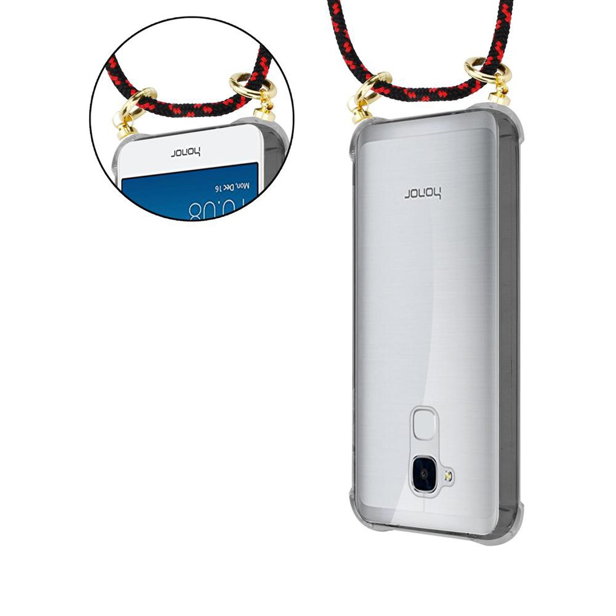 Handyhülle mit Lanyard. Das Telefon ist weiß und das Lanyard rot, blau und schwarz.