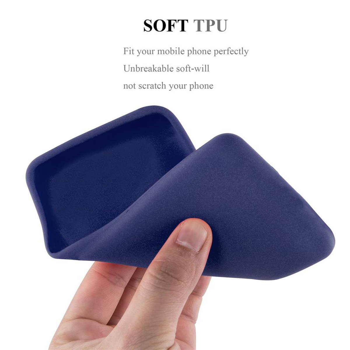Una mano che tiene una custodia per telefono blu scuro piegata, con testo sulla protezione.