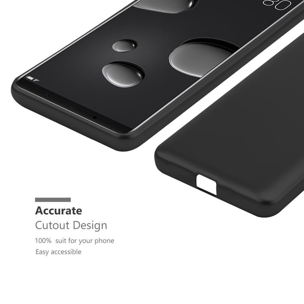 Schwarze Handyhülle mit Telefon. Die Hülle bedeckt das Telefon. Text auf der Handyhülle lautet Accurate Cutout Design.