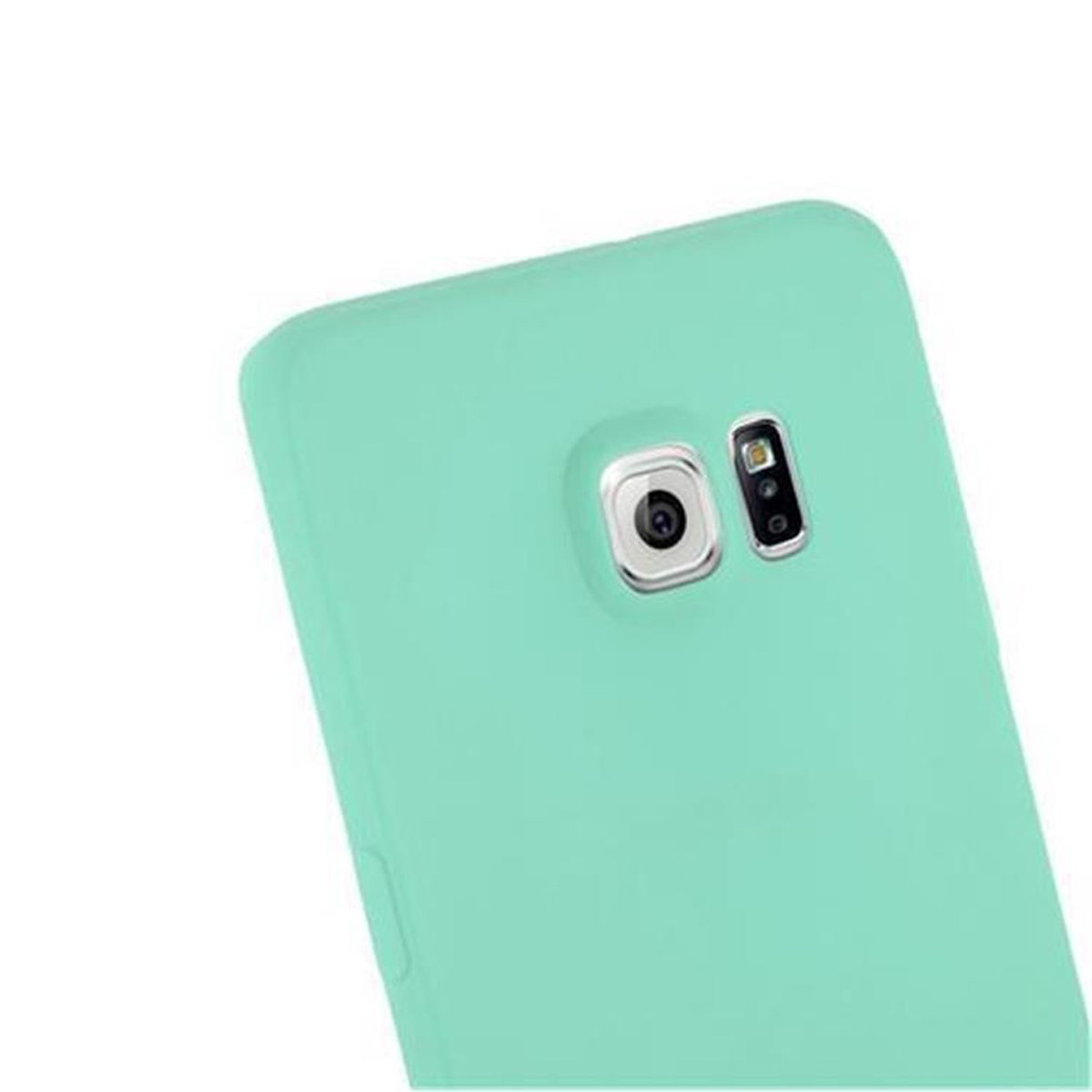 Una custodia verde per telefono con fotocamera e flash. La fotocamera si trova nell'angolo in alto a sinistra.