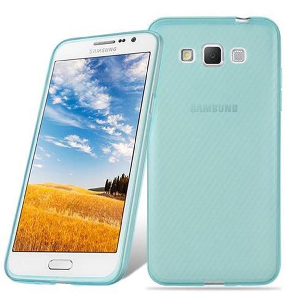 Samsung Smartphone in einer durchsichtigen Hülle. Das Telefon ist weiß mit einem Landschaftsbild.