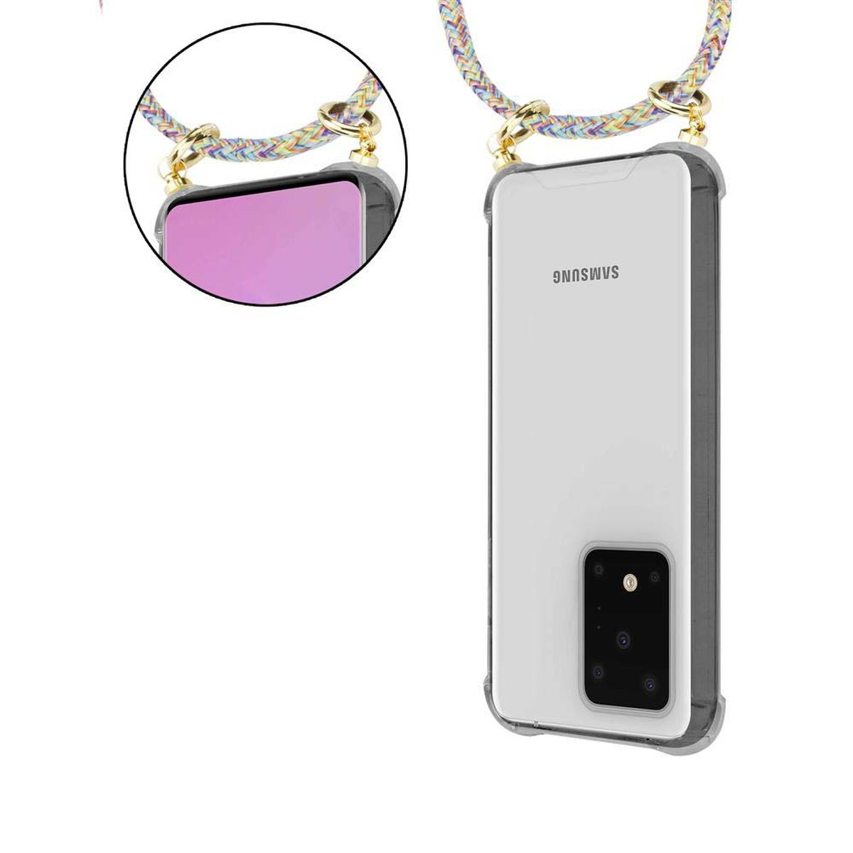 Un telefono in una custodia trasparente con un cordino. Il telefono è su una superficie bianca. Il cordino è bianco e nero.