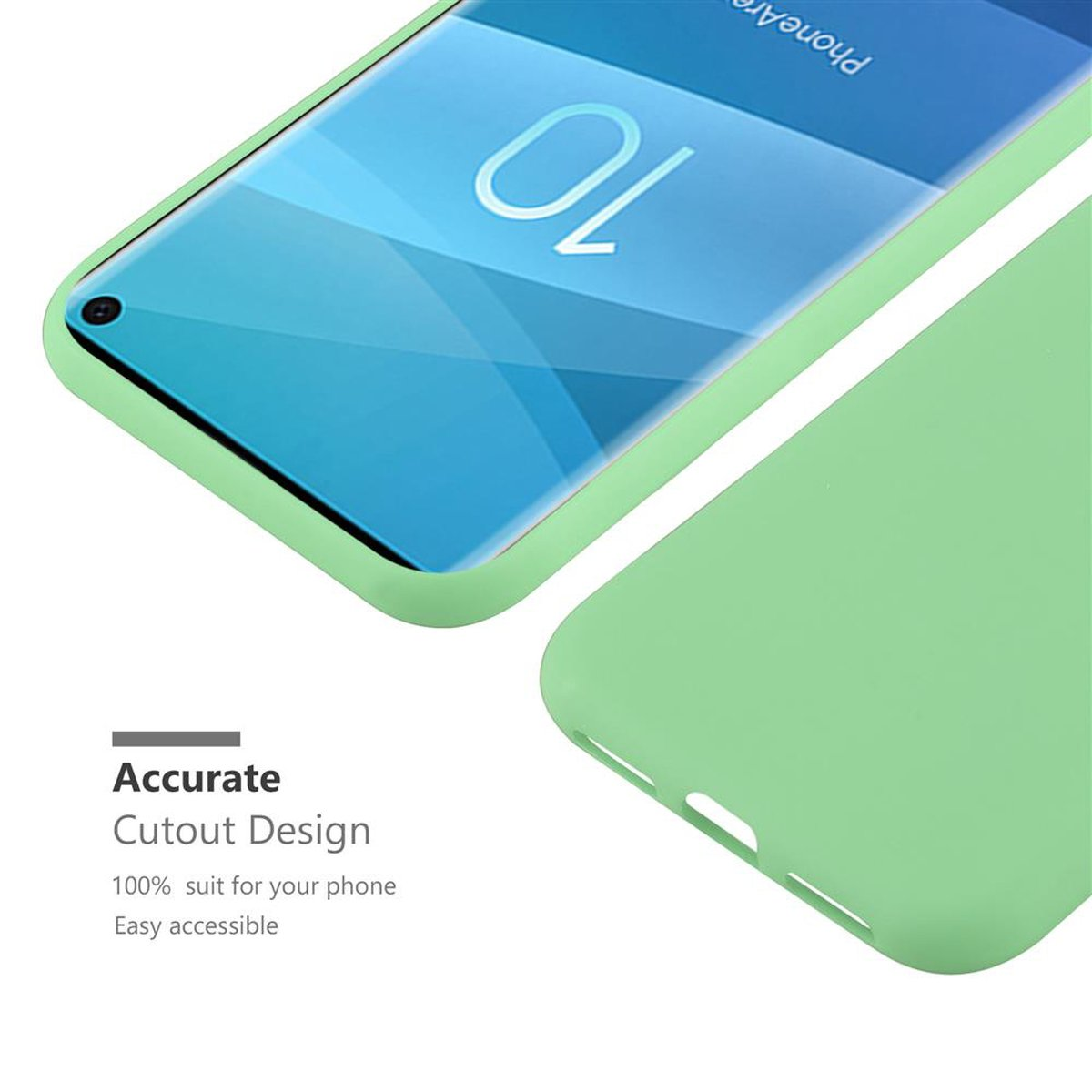 Telefono in una custodia verde. Design ritagliato. Lo schermo mostra l'ora.