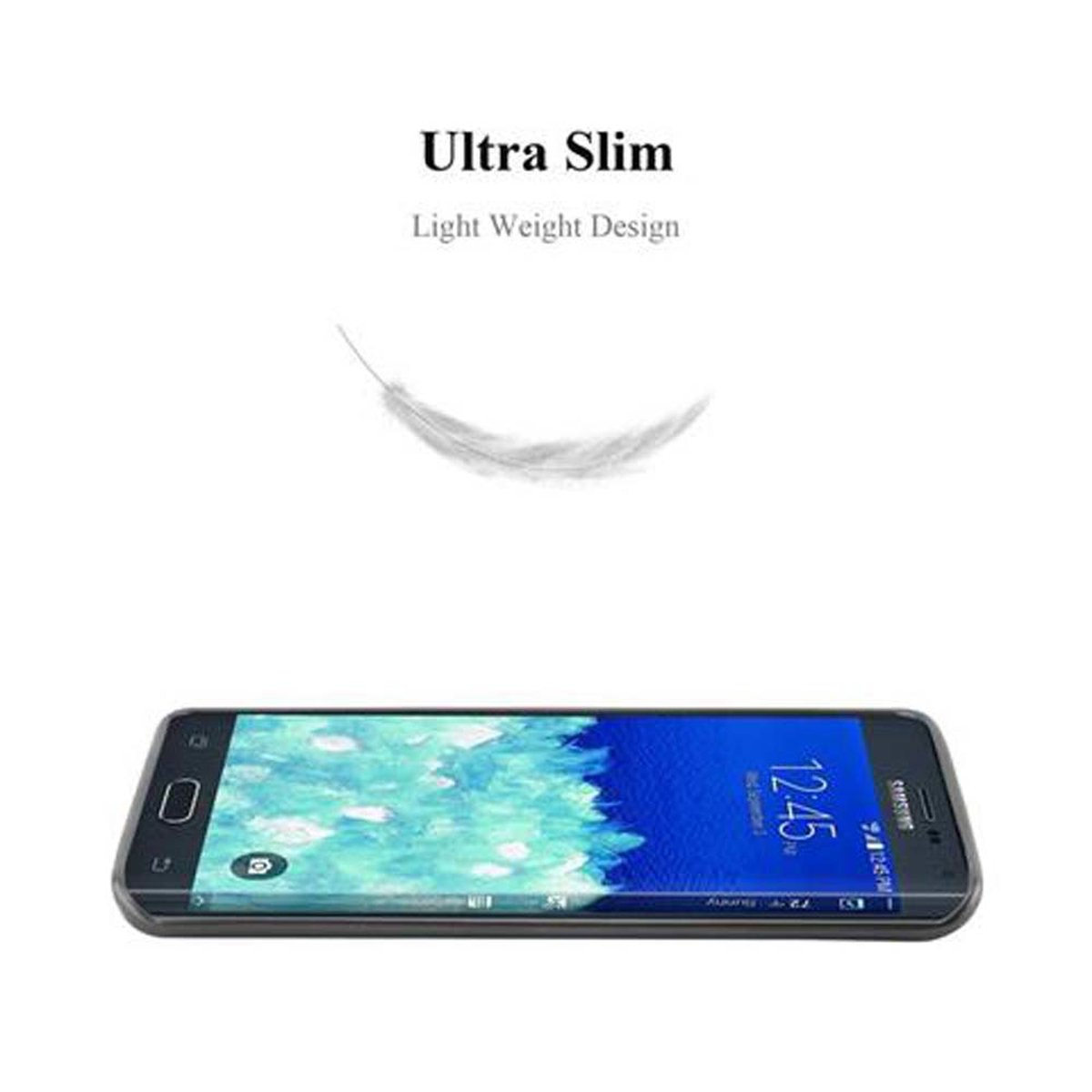 Un telefono su una superficie bianca con testo: 'Ultra Slim Light Weight Design'.