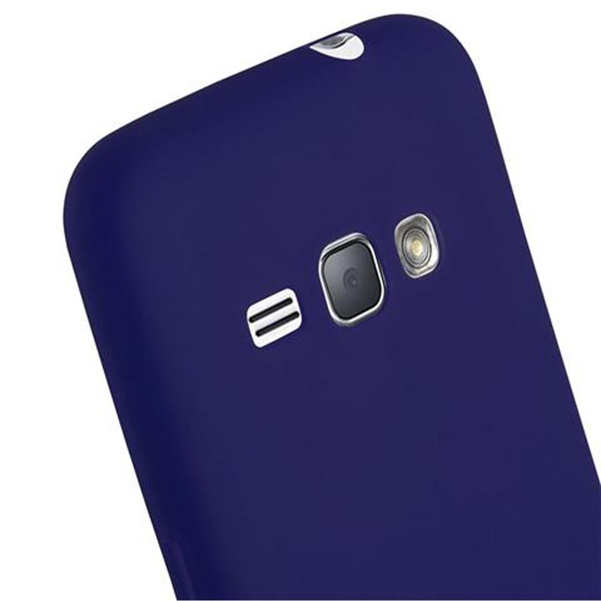 Il retro di un telefono blu scuro con fotocamera e flash.