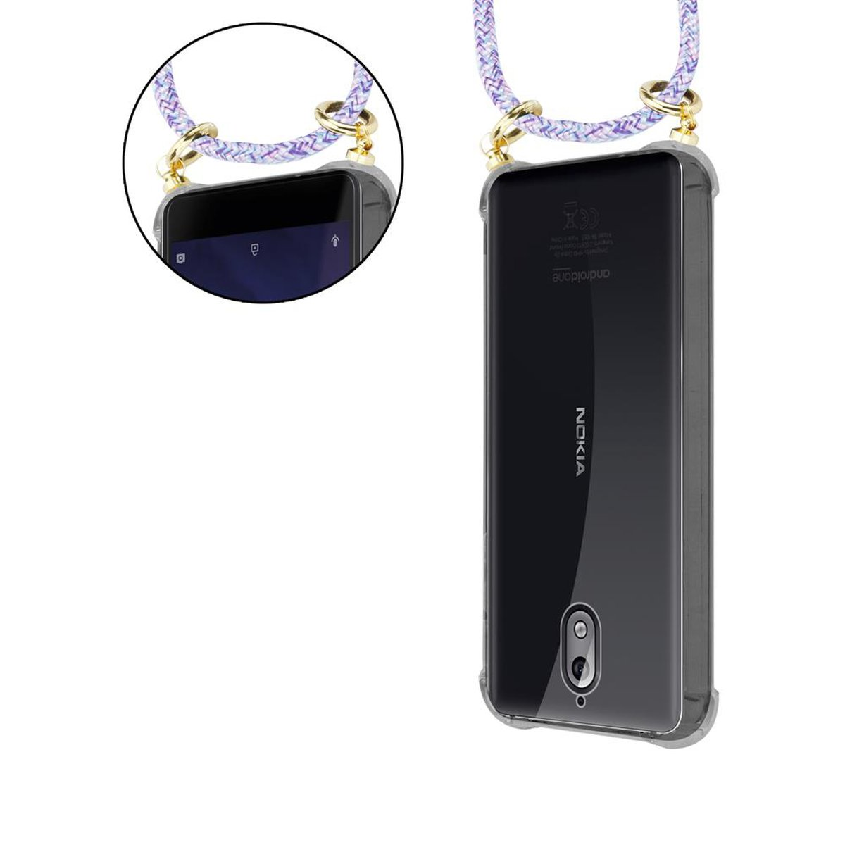 Ein Telefon in einer durchsichtigen Hülle mit einem lila-weißen Telefonriemen.