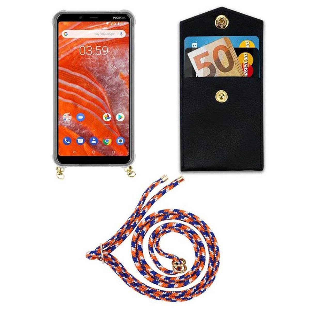 Ringen, CADORABO Nokia, Hülle, und mit 3.1 Handy BLAU WEIß ORANGE Kette Gold Band Backcover, PLUS, Kordel abnehmbarer