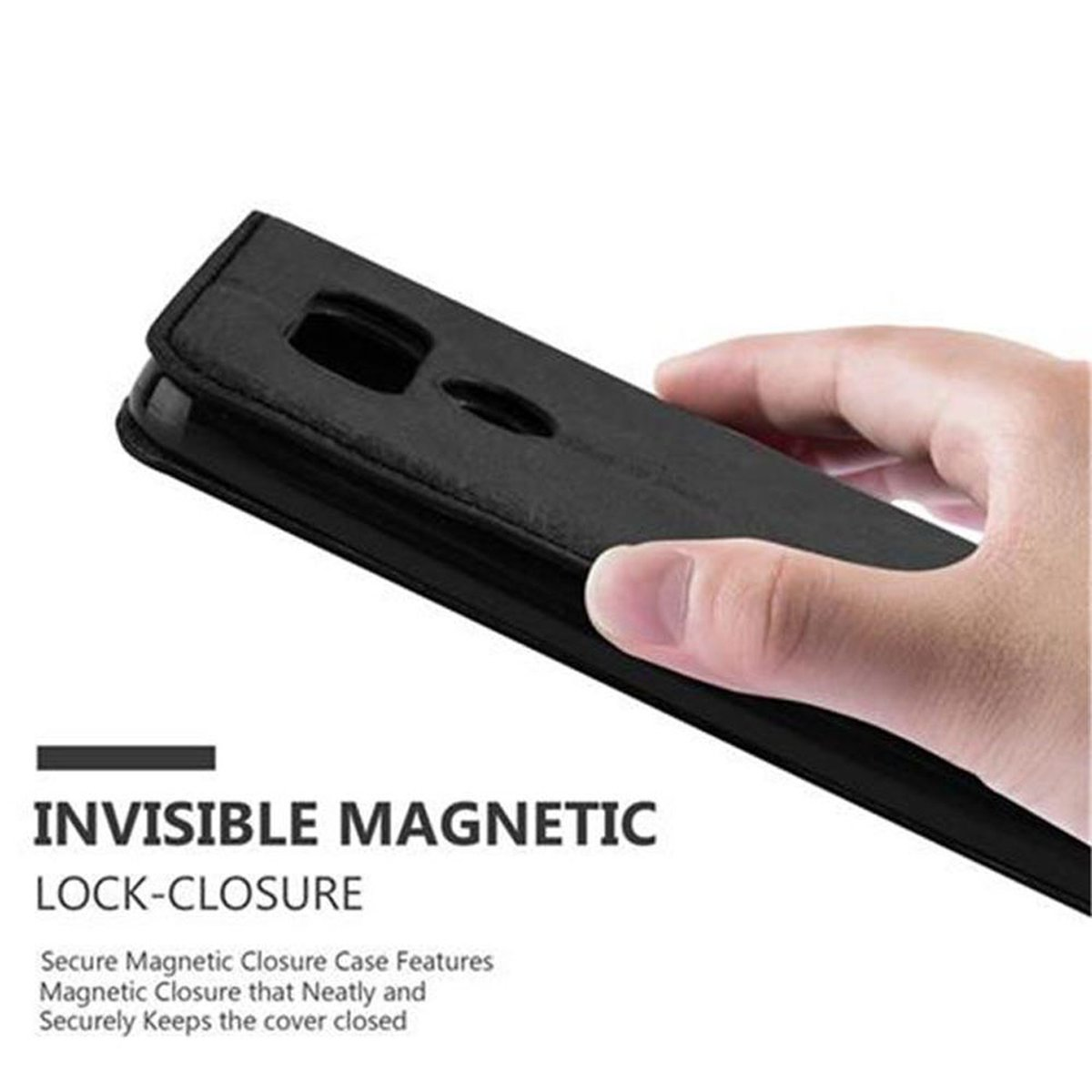 Una custodia nera per telefono viene tenuta. Il testo 'INVISIBLE MAGNETIC LOCK-CLOSURE' è visibile.