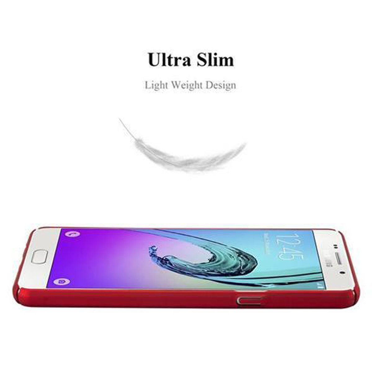 Telefono rosso con custodia rossa. Testo: Ultra Sottile.