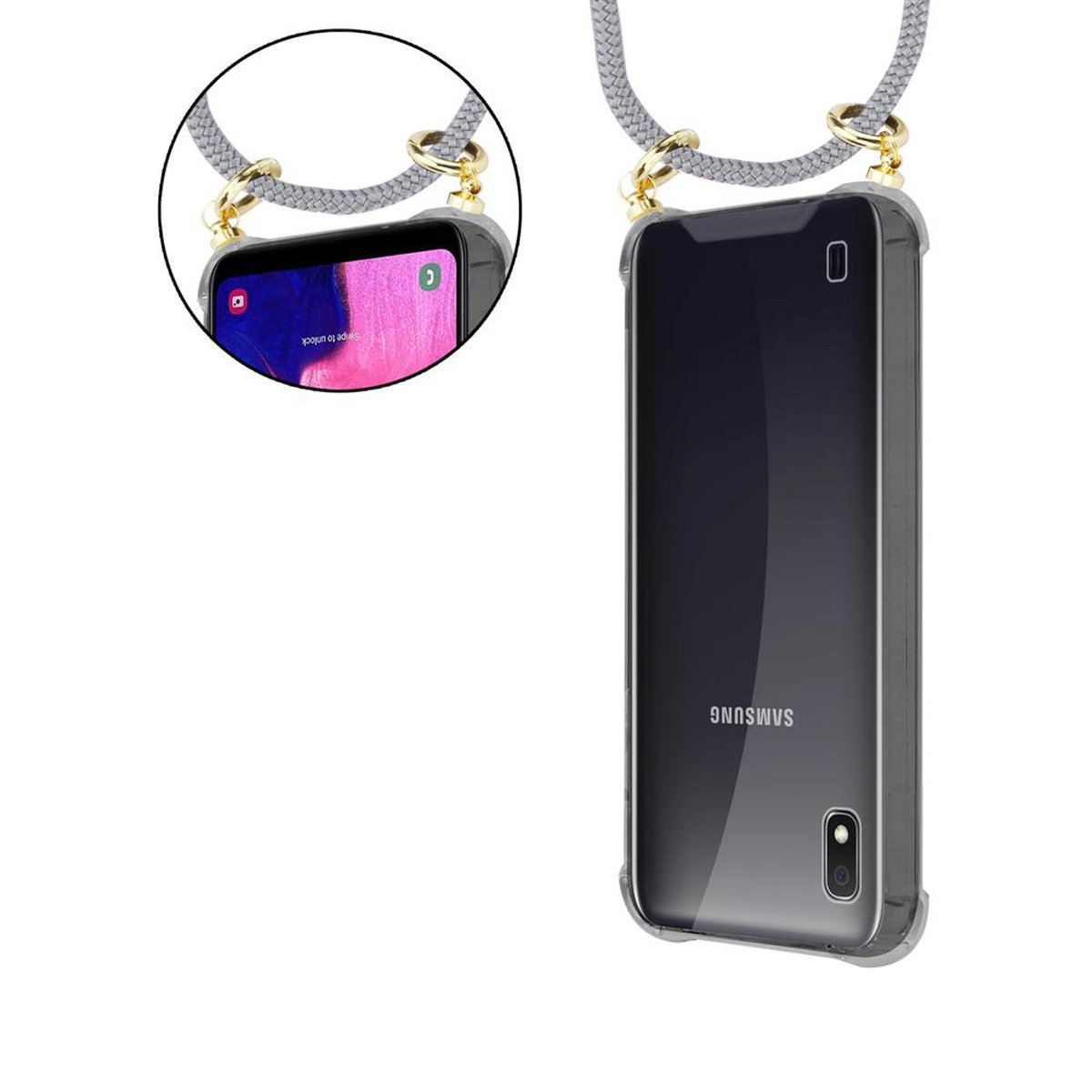 CADORABO Handy Kette mit Gold A10 M10, Samsung, SILBER Kordel Galaxy und Backcover, Band abnehmbarer Hülle, GRAU / Ringen