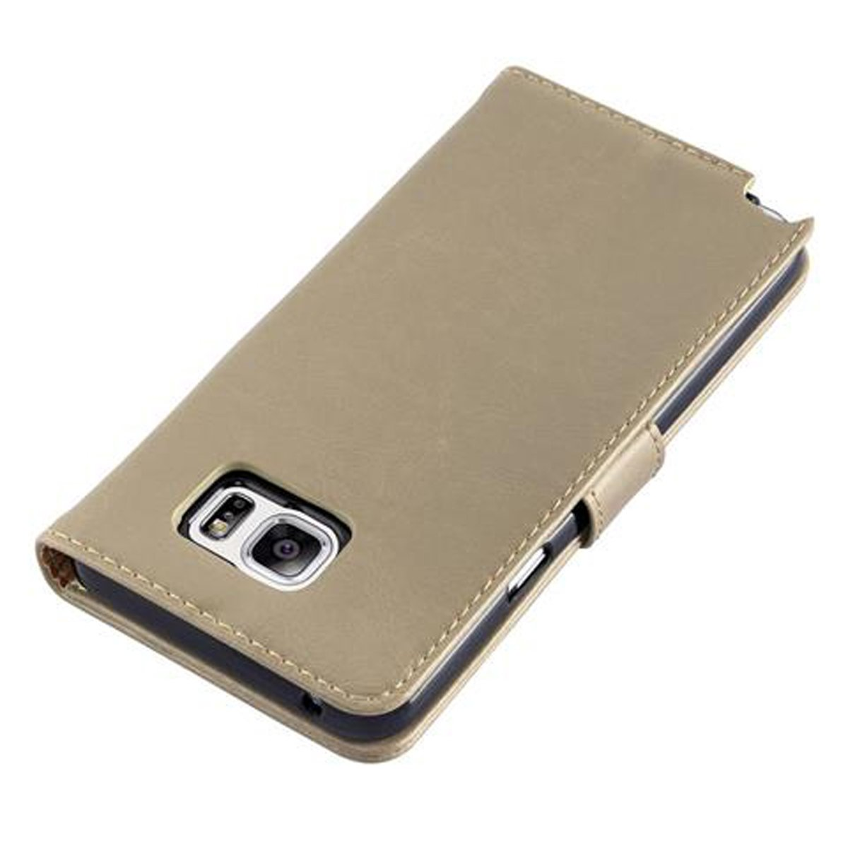 Funda dorada para teléfono con un teléfono dentro.