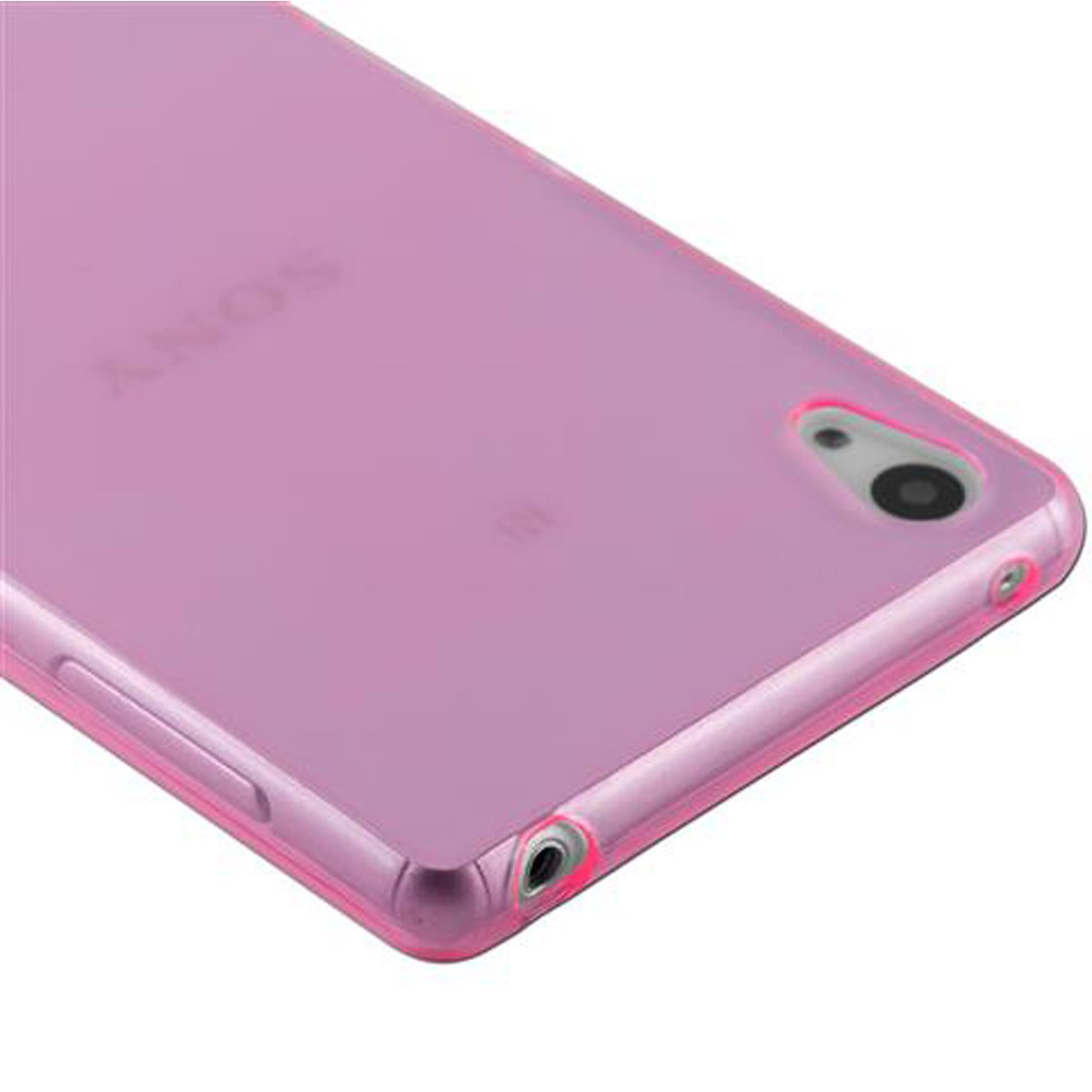 Custodia per telefono rosa. Sony è scritto in alto. Fotocamera e jack per cuffie sul lato.