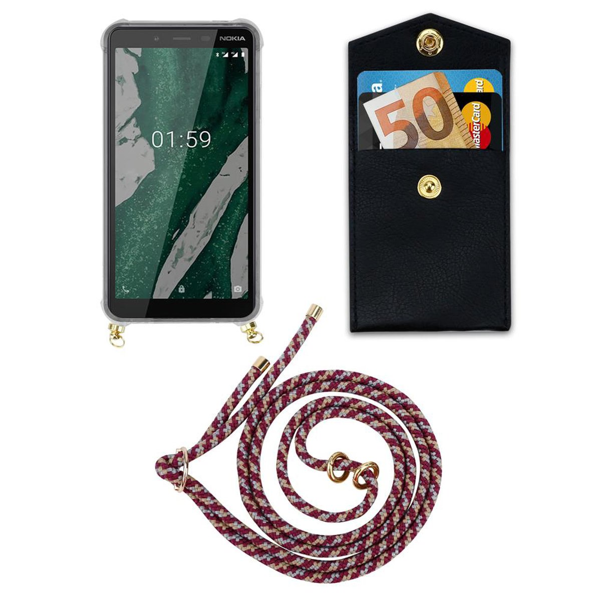 CADORABO Handy GELB abnehmbarer Gold mit und Ringen, Kordel Nokia, 1 PLUS, Hülle, WEIß Band ROT Kette Backcover