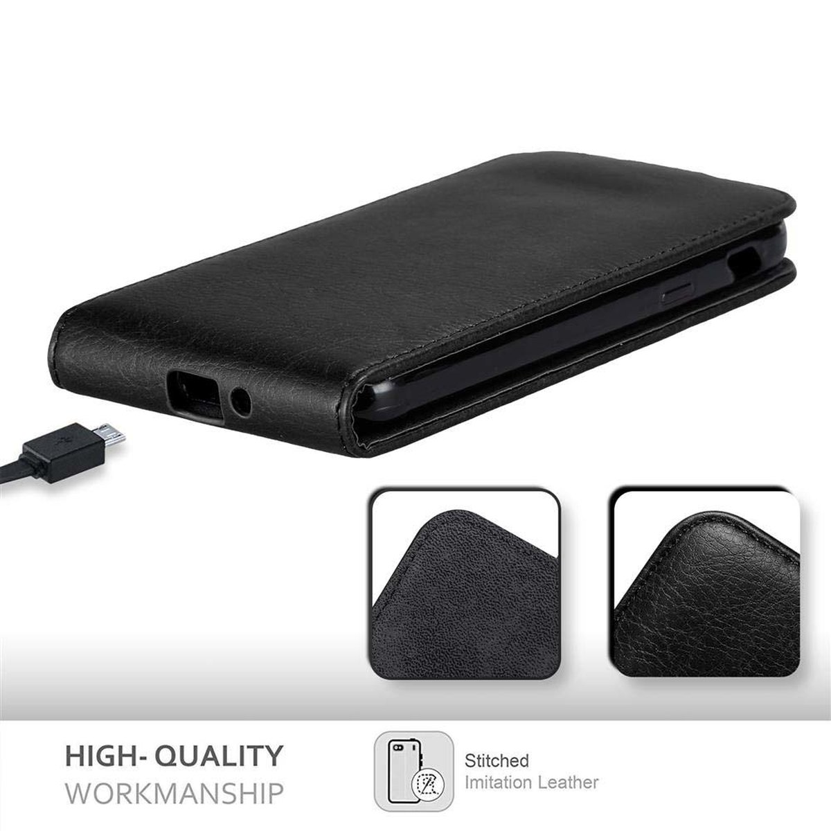 Custodia per telefono in pelle nera con telefono e cavo USB. Sono mostrati dettagli di cuciture e pelle.