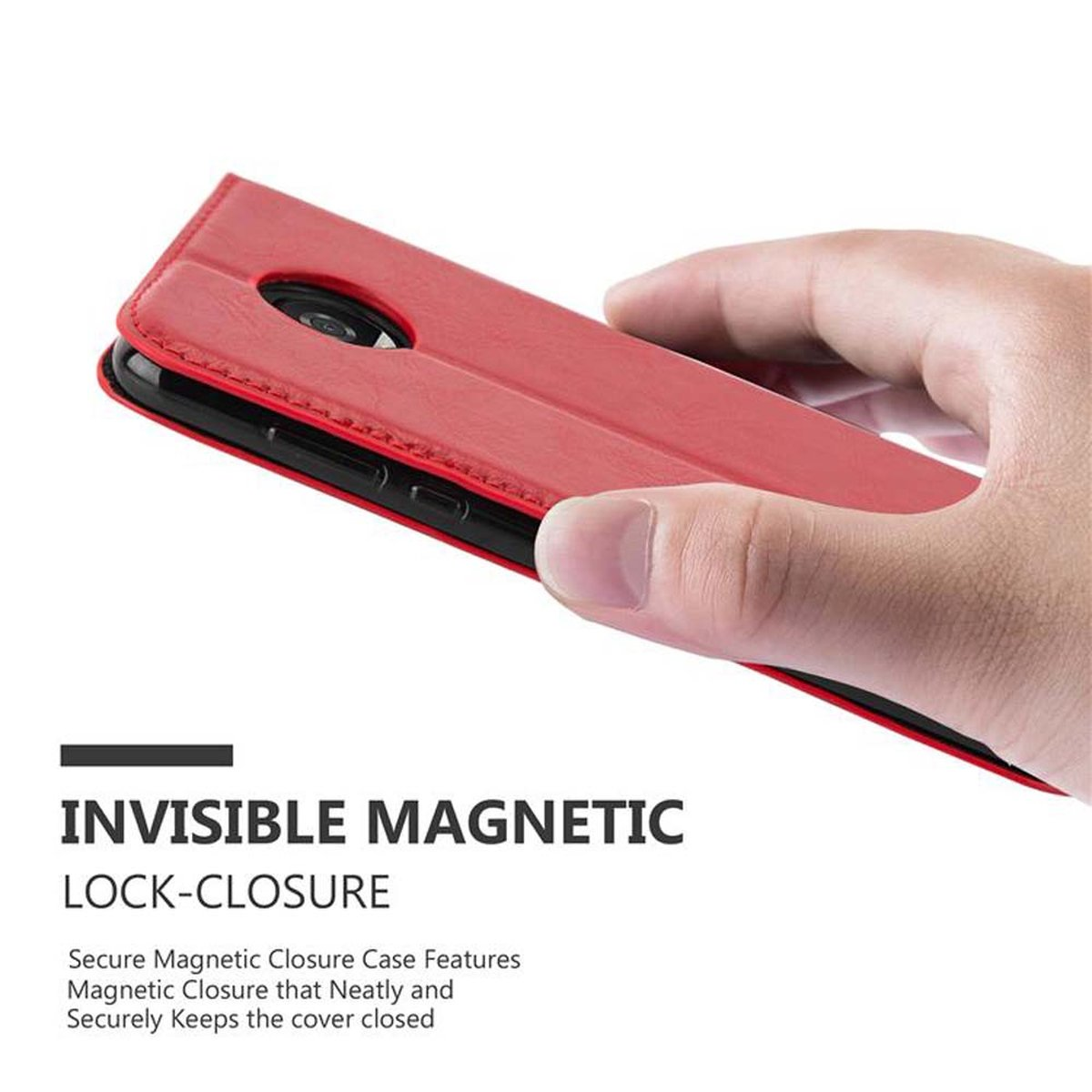 Mano che tiene la custodia del telefono in pelle rossa. Testo: Chiusura magnetica invisibile.