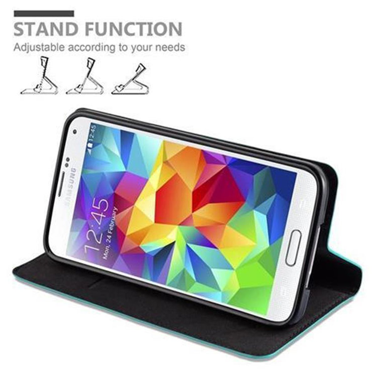 Teléfono en una funda, abierto, con función de soporte. La pantalla muestra la hora y la fecha.
