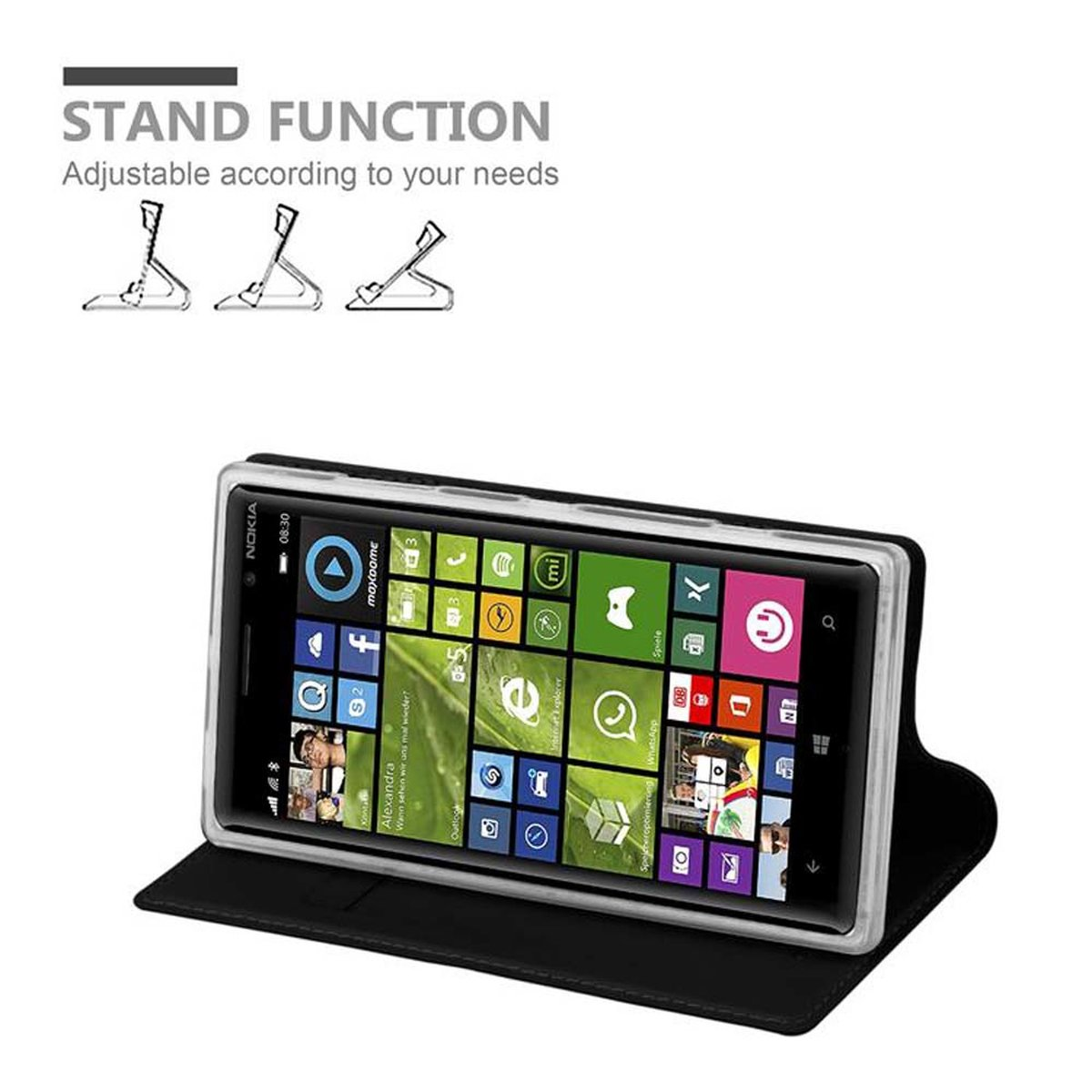 Telefono in una custodia nera, con icone sullo schermo e testo sulla funzione stand.