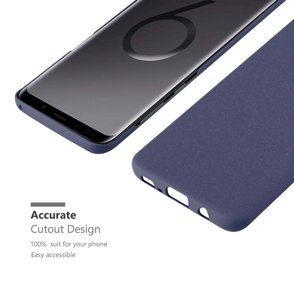 Blaue Handyhülle mit Text 'Accurate Cutout Design'. Die Handyhülle ist blau und hat ein Telefon darin.