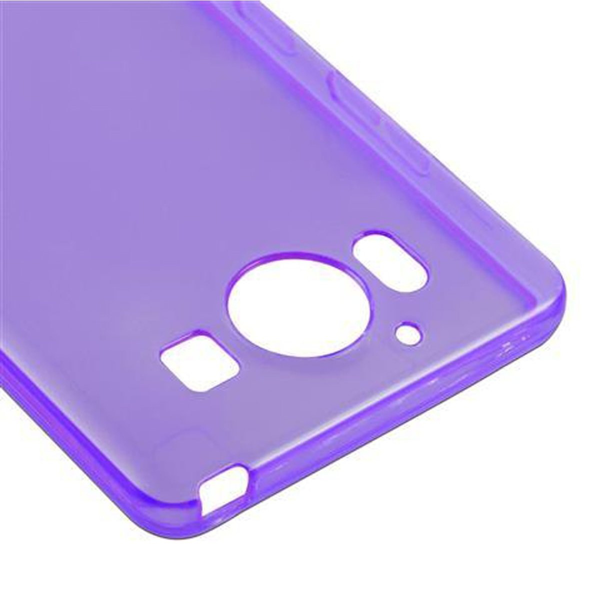 Una custodia per telefono viola con fori per fotocamera e altre funzioni.