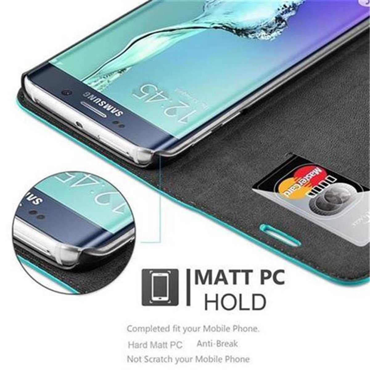 Ein Telefon in einer Hülle mit Karte. Text: 'Matt PC Hold, Anti-Bruch, Nicht kratzen'.
