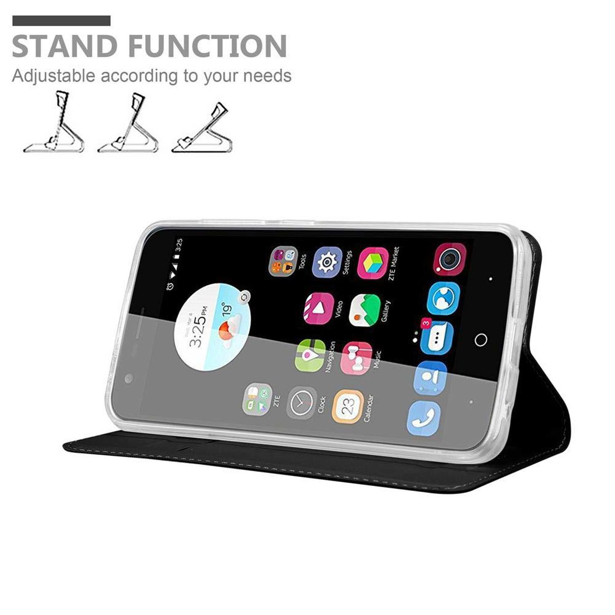 Funda de teléfono en un soporte. El teléfono está en un soporte, mostrando una pantalla con aplicaciones.
