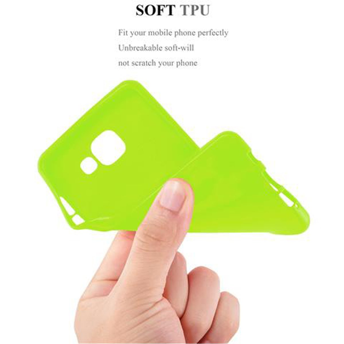 Custodia per telefono verde tenuta in alto. Il testo recita 'Soft TPU', 'Unbreakable soft-will'.