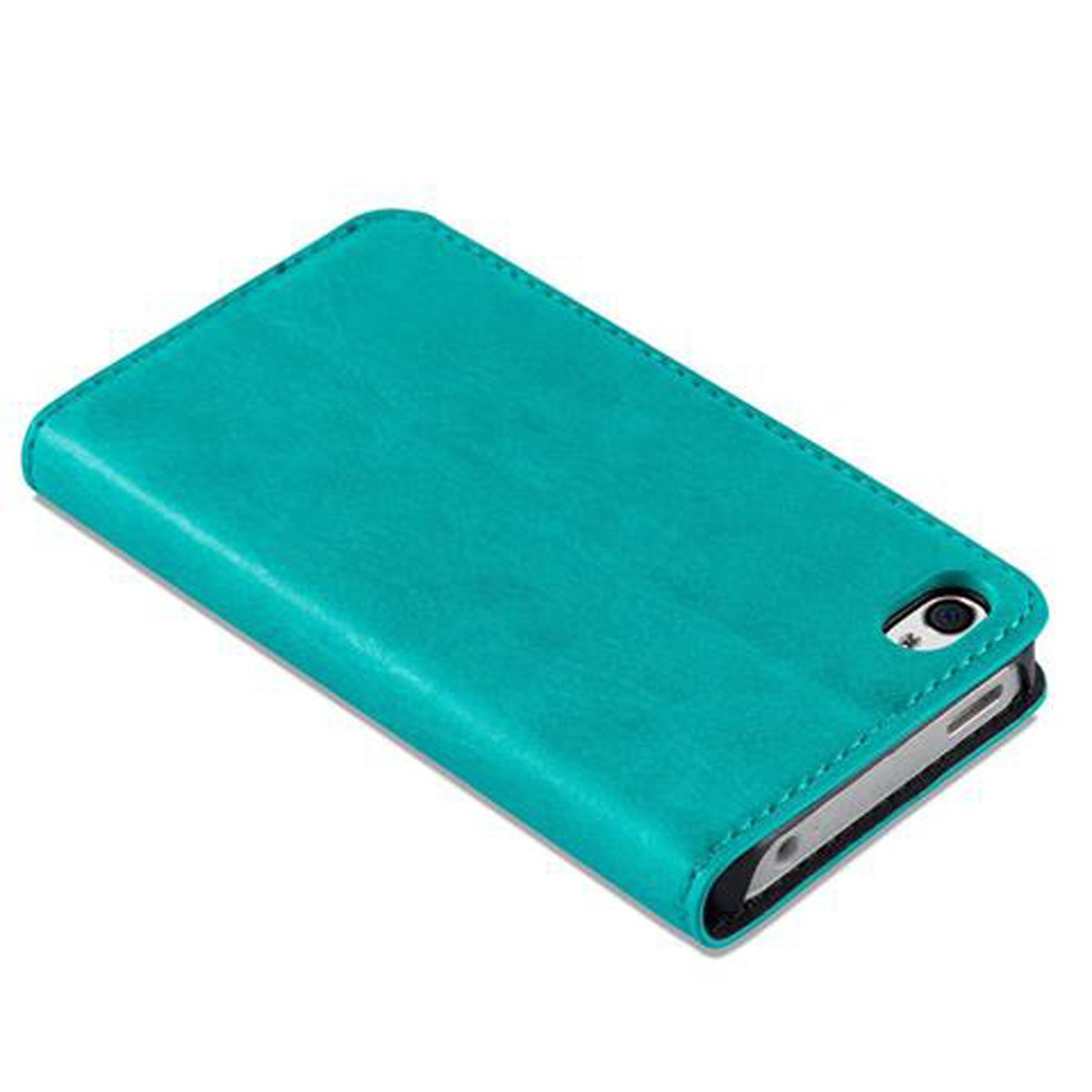 Viene mostrata una custodia per telefono in pelle color verde acqua.