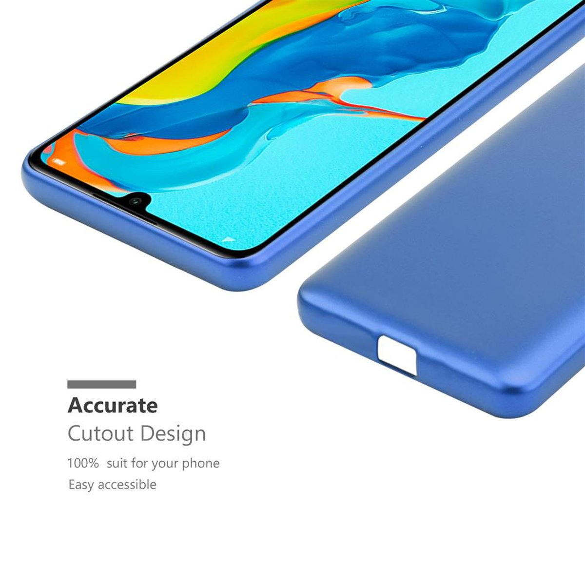Custodia blu per telefono, il telefono è visibile, la custodia è aperta.