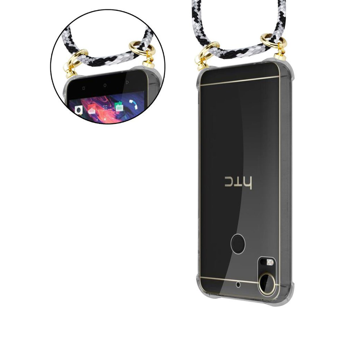 CADORABO Handy Kette mit CAMOUFLAGE Gold Ringen, Kordel SCHWARZ abnehmbarer 10 HTC, Backcover, PRO, und Hülle, Desire Band