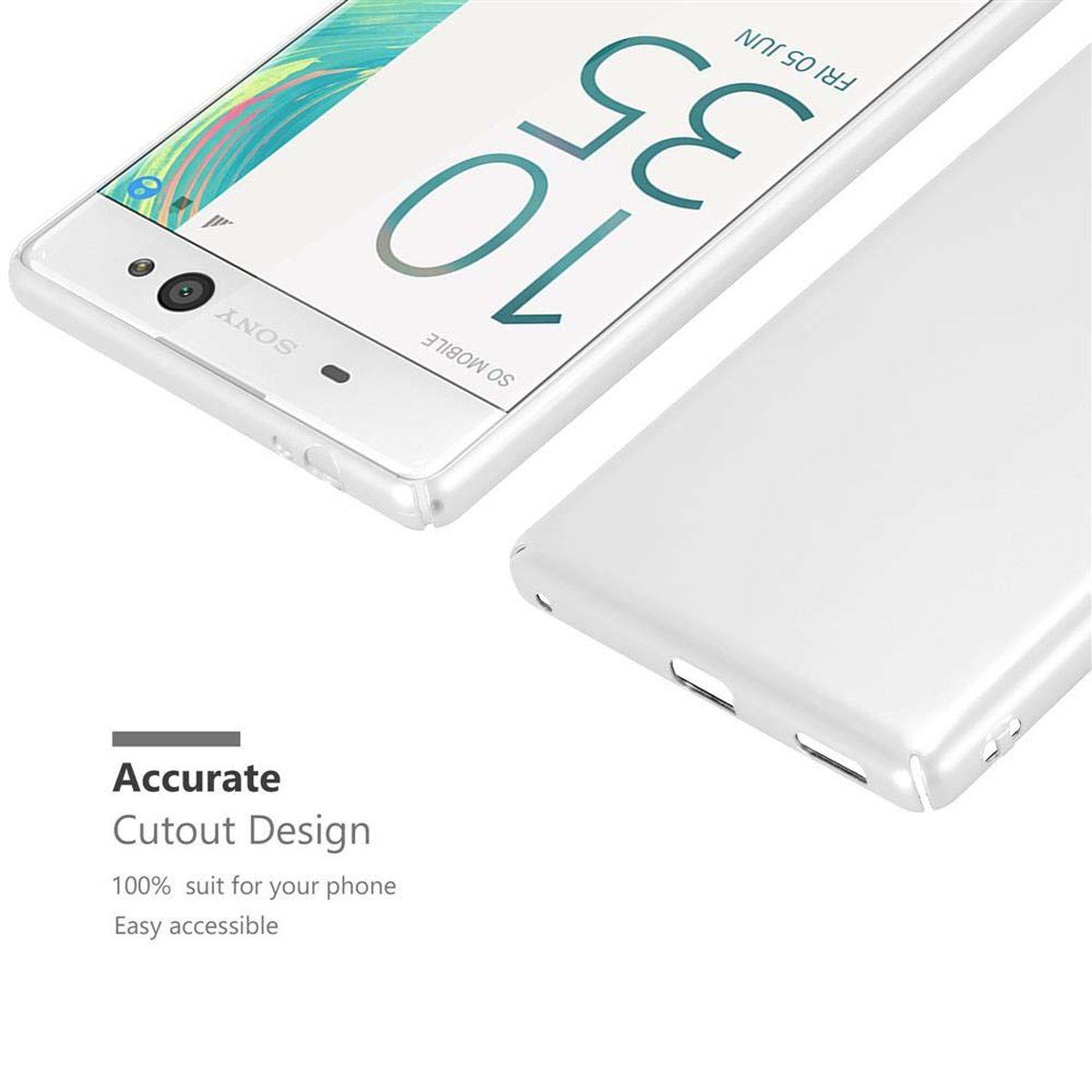 Un telefono bianco con custodia trasparente e testo: Accurate Cutout Design. Easy Accessible.