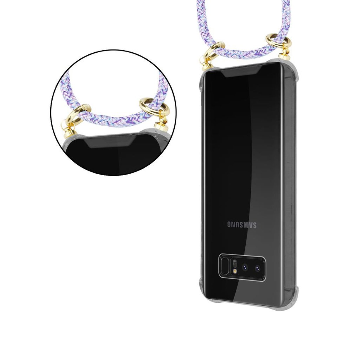 Telefono con cinturino, viola, bianco. Il telefono è in una custodia trasparente, retro visibile.