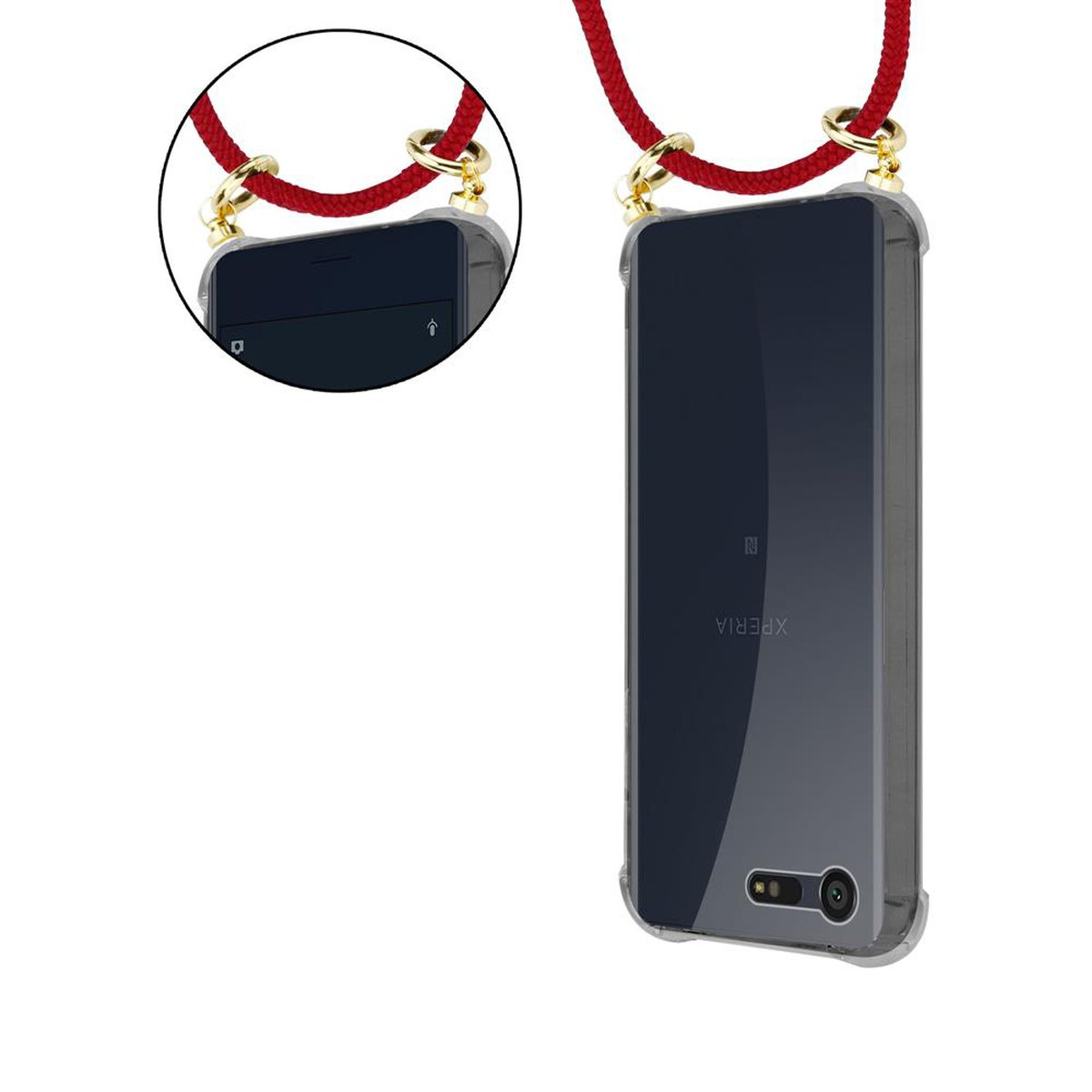 Funda transparente para teléfono con cuerda roja. El teléfono es negro, con la palabra XPERIA.