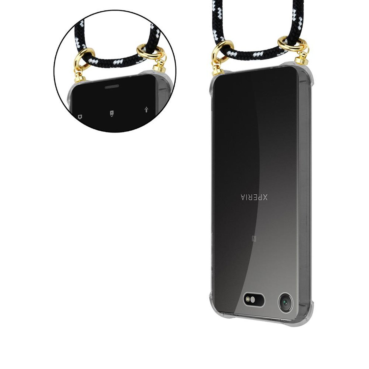 Zwei Telefone mit Lanyard-Hüllen. Die Telefone sind schwarz und die Lanyards sind schwarz und weiß.