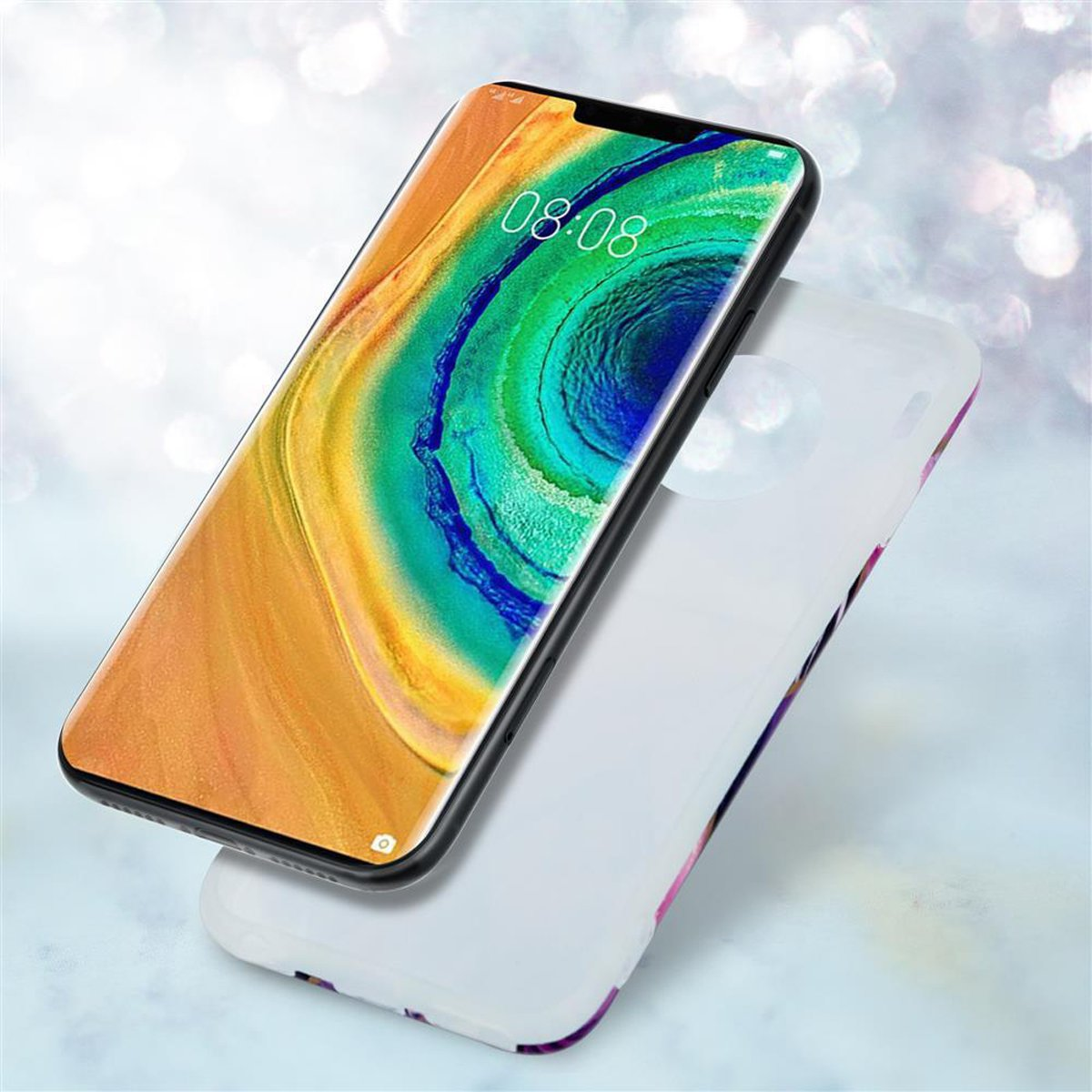 Un telefono in una custodia trasparente con una custodia trasparente. Il telefono mostra uno schermo colorato.
