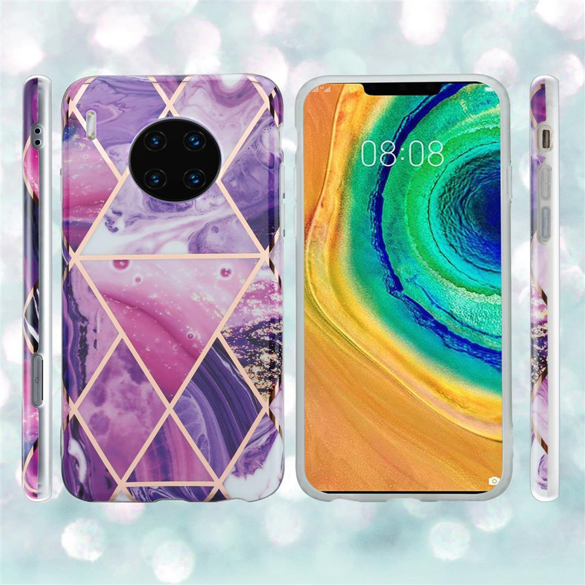 Custodia per telefono con design a marmo viola. Il telefono è accanto alla custodia, con schermo che mostra.
