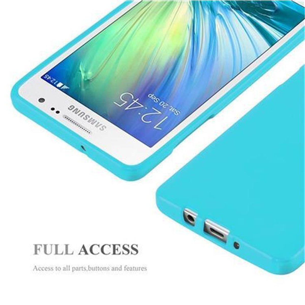 Una custodia blu per telefono accanto a un telefono con schermo blu e un orologio che segna le 12:45.