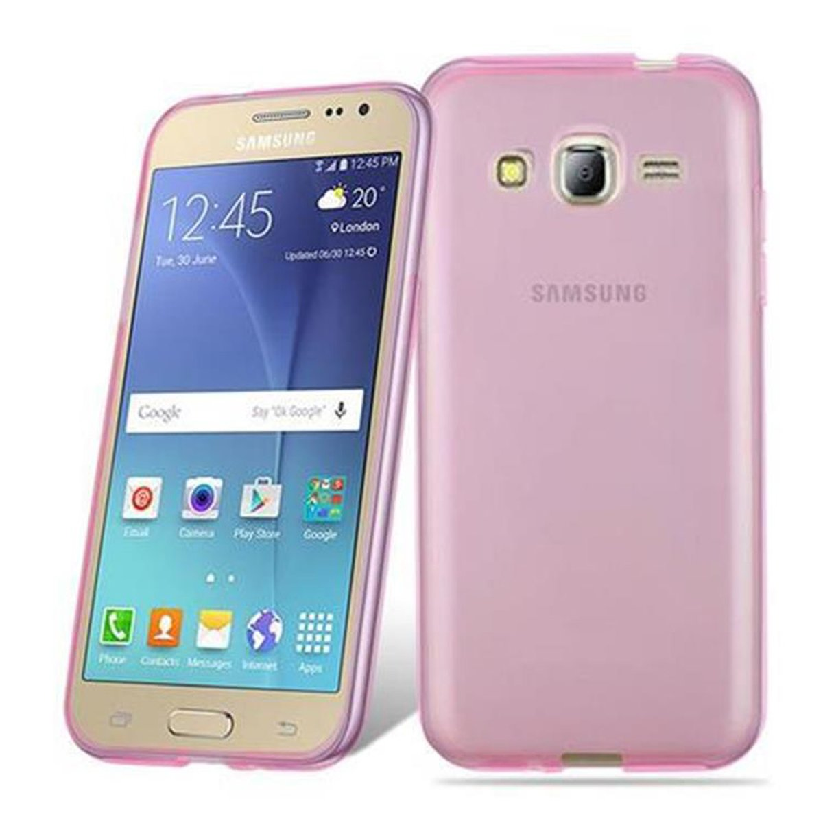 Rosa Telefon mit rosa Hülle, das Telefon befindet sich auf einer weißen Oberfläche.