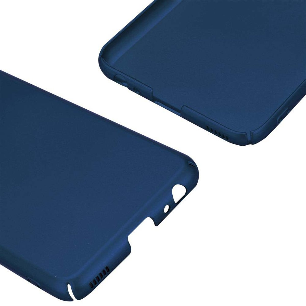 Dunkelblaue Handyhülle mit Telefonform und Löchern für Knöpfe.