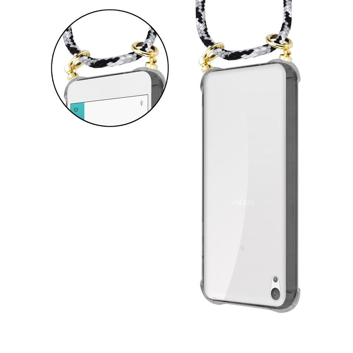 Telefon und Lanyard. Telefon in einer Hülle mit Riemen. Das Lanyard ist schwarz, weiß und grau.