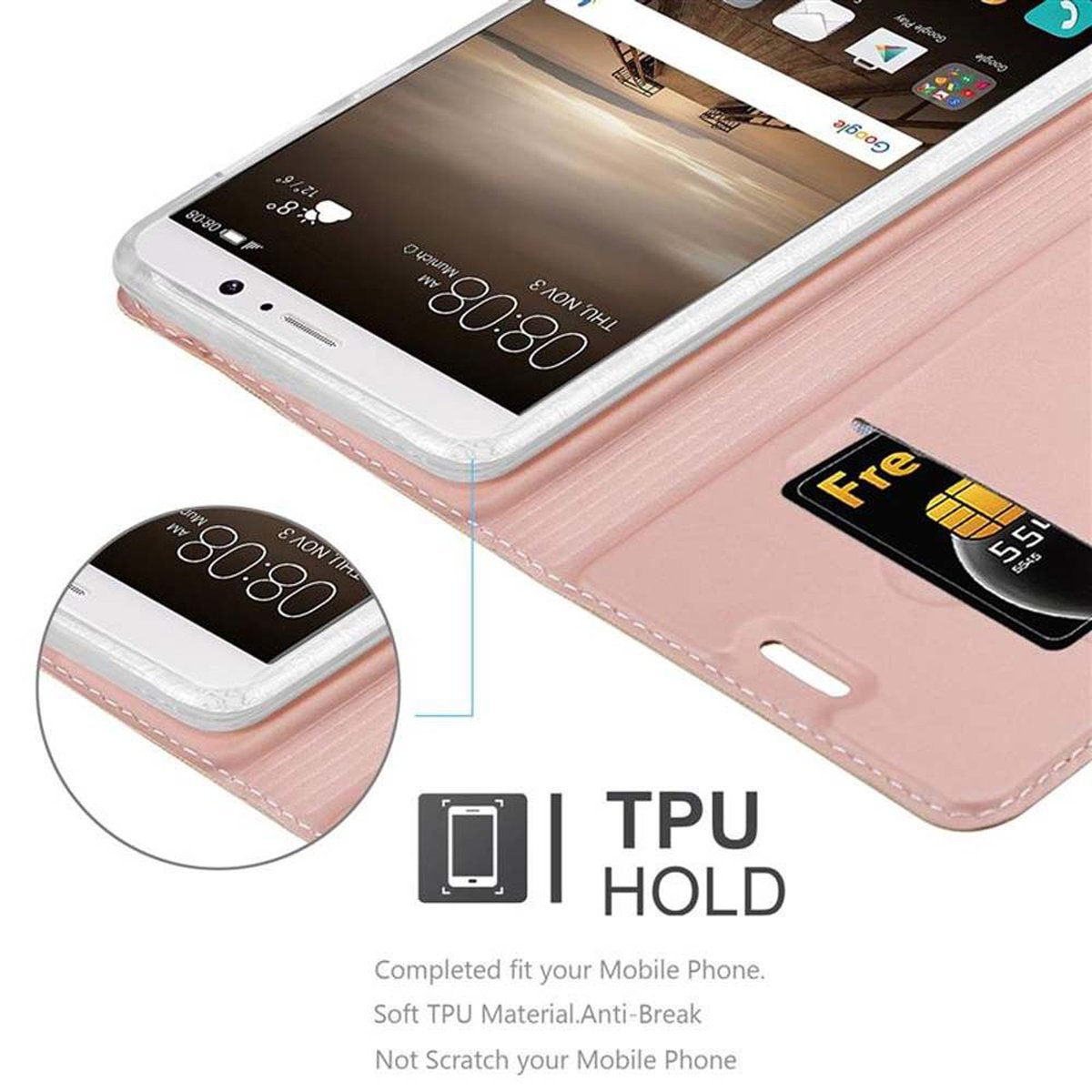 Funda rosa con teléfono dentro, tarjeta SIM visible. Texto: TPU HOLD.