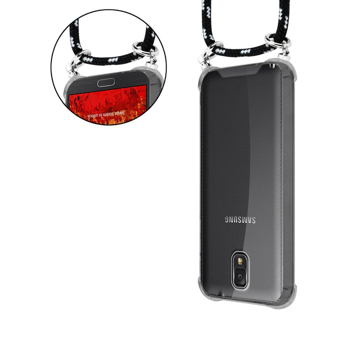 CADORABO Handy Samsung, SCHWARZ mit 3, Band Silber Galaxy SILBER abnehmbarer Kordel Hülle, Backcover, Kette Ringen, und NOTE