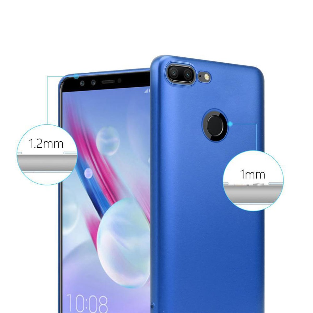Funda azul para teléfono con teléfono dentro. Círculos de detalle muestran bordes de pantalla y cámara. Fondo blanco.