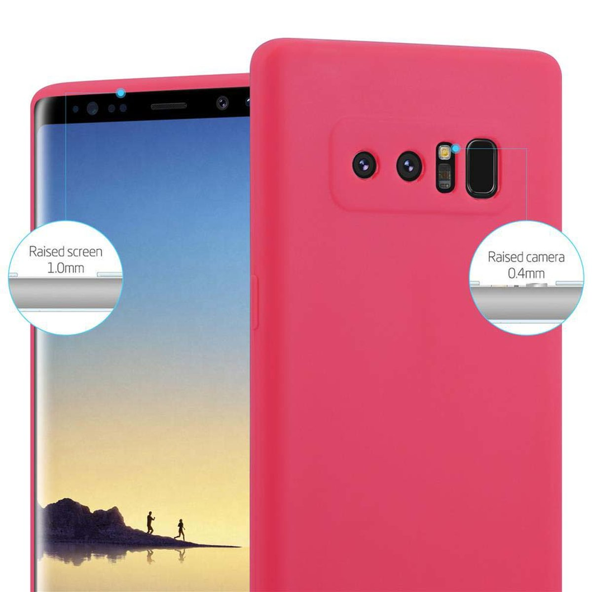 Custodia rosa per telefono, con schermo e fotocamera visibili. Vengono mostrati dettagli di protezione dello schermo e della fotocamera rialzati.