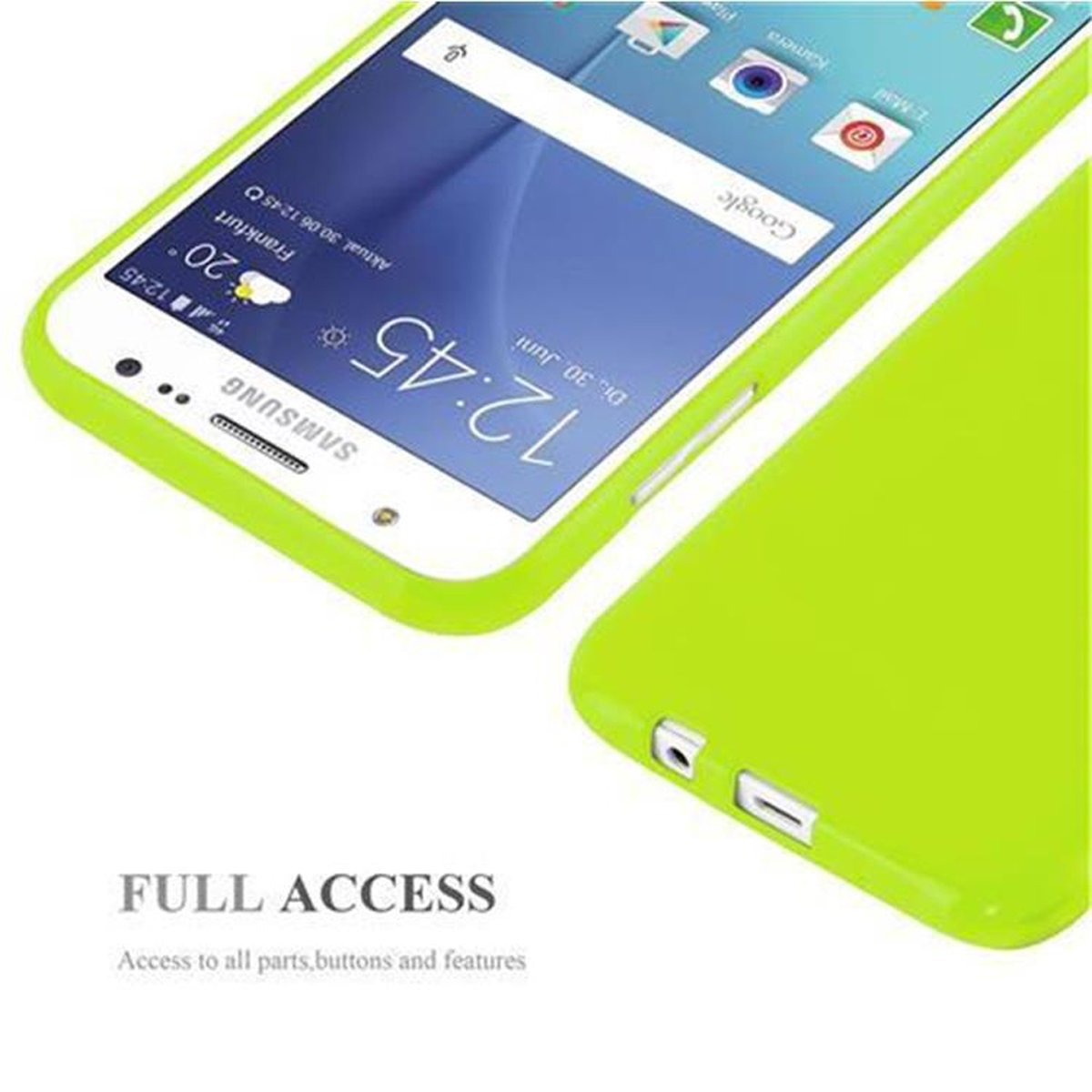 Funda verde para teléfono, teléfono visible, texto: FULL ACCESS, acceso a todas las partes, botones y funciones.