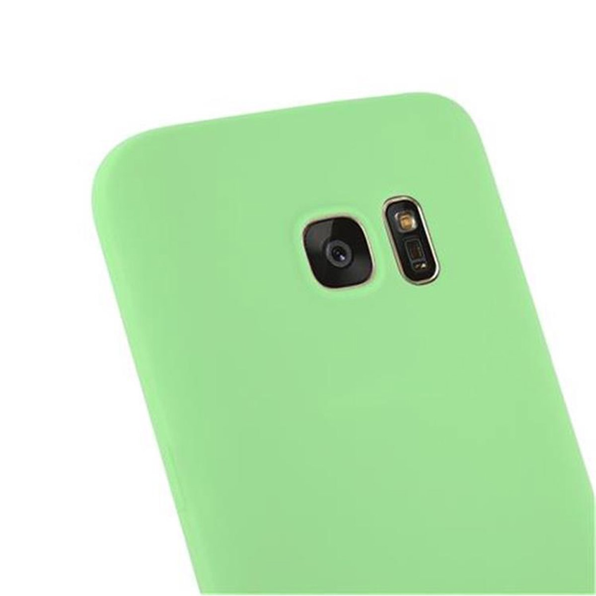 Primo piano di una custodia per telefono verde chiaro. La fotocamera e il flash sono visibili.
