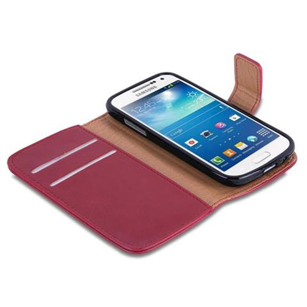 Teléfono en una funda roja, abierto. Fondo blanco.