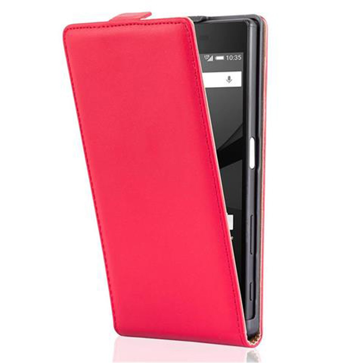 Una custodia rossa per telefono aperta, con un telefono nero all'interno. Lo schermo del telefono mostra l'ora.