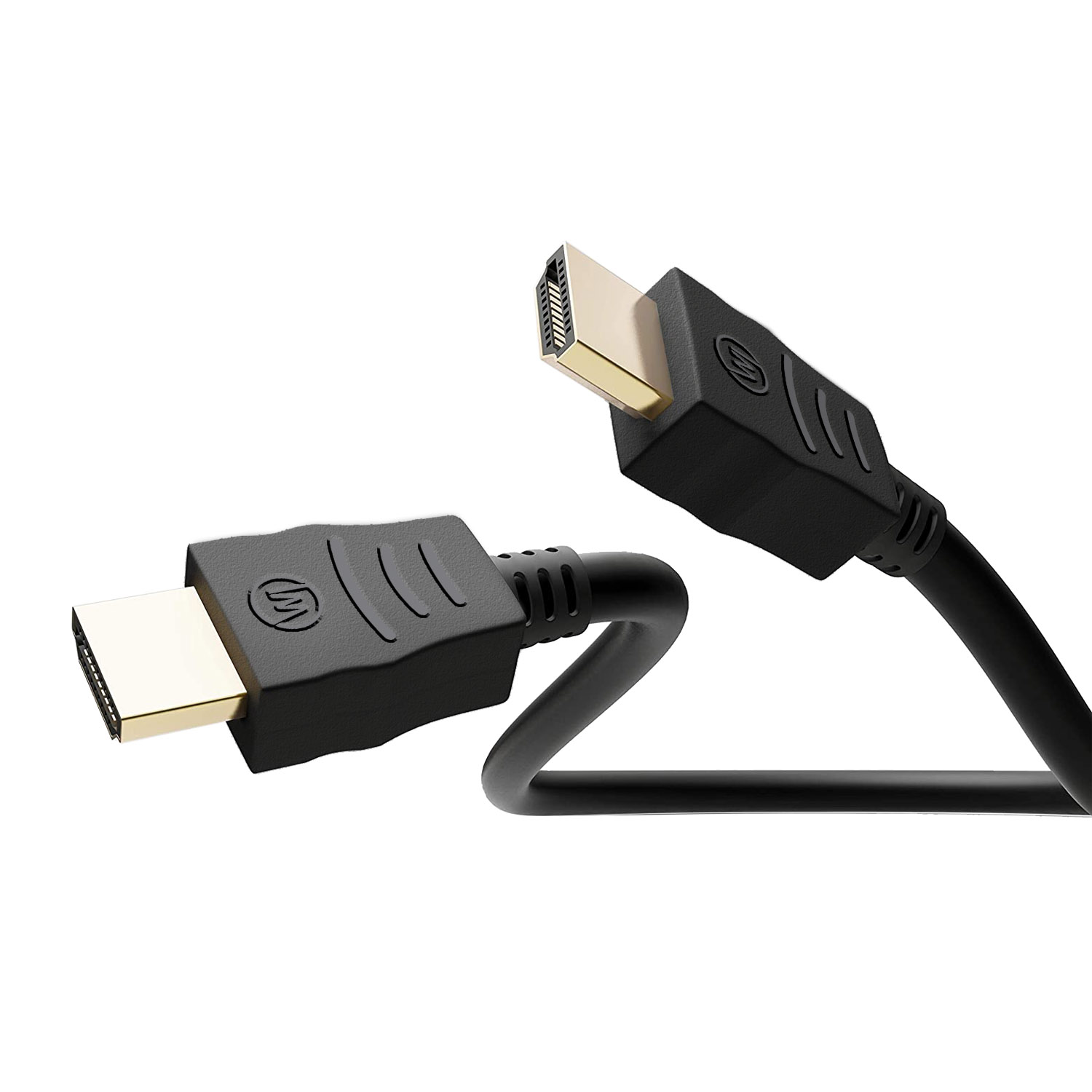 Zwei HDMI-Kabel mit goldenen Steckern und schwarzen Kabeln, abgewinkelt und verbunden.