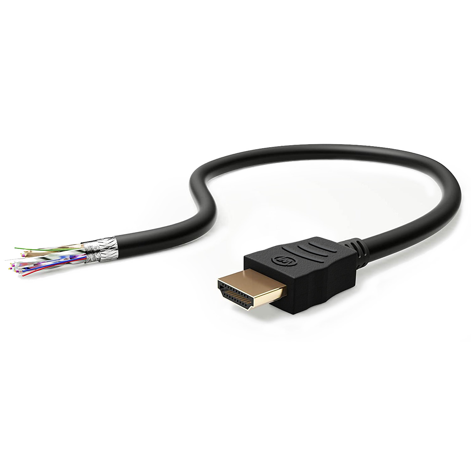 Schwarzes HDMI-Kabel, ein Ende angeschlossen, das andere mit Drähten.