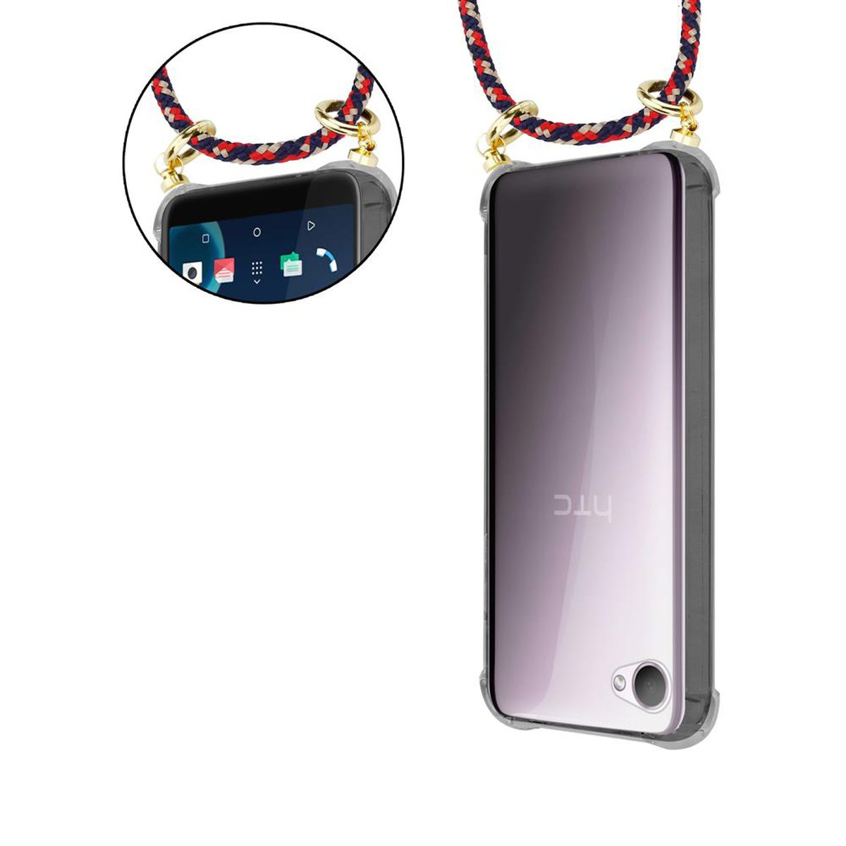 Telefon in einer Hülle mit Lanyard. Telefon hat lila Bildschirm. Lanyard ist rot und blau.